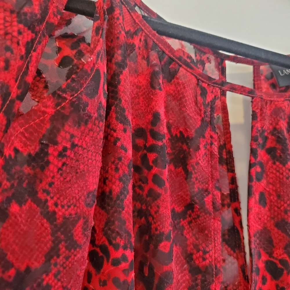 Lane Bryant Size 18 Red&Blk animal print shear cut-out L/Sl tunic blouse - Picture 7 of 10